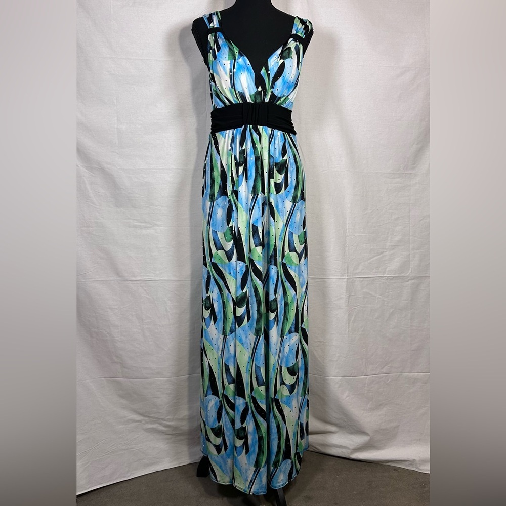 V-Neck Blue & Green Printed Maxi Dress with Black Waistband